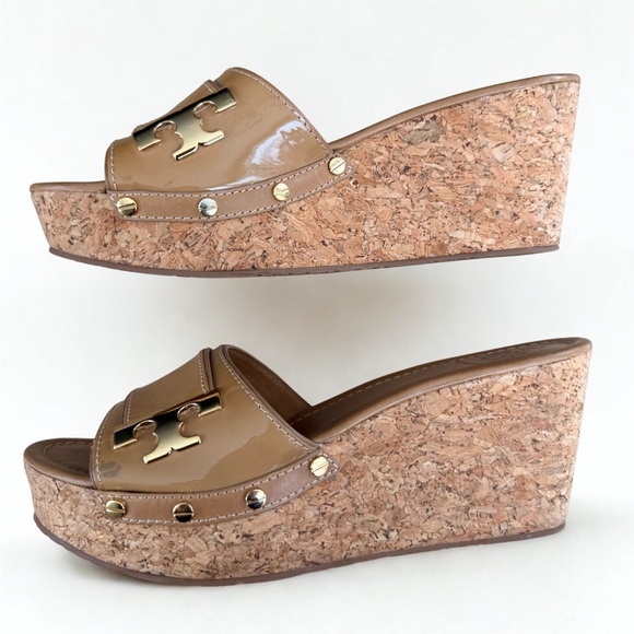 New TORY BURCH Tan Patent Leather Ines Cork Wedge Sandals - Size 10 👡🏝️ - Picture 2 of 8